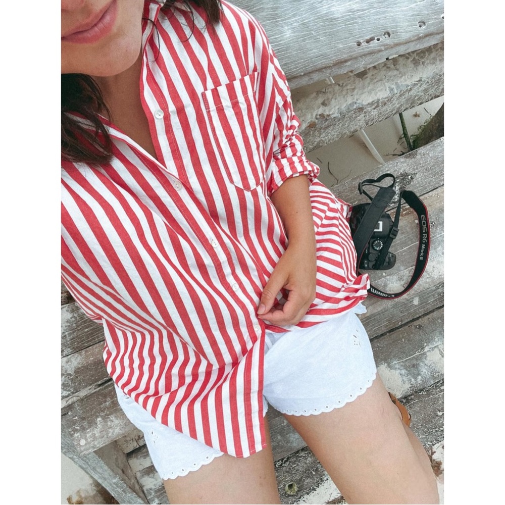 Sezane Coral and White Striped Button-Down Shirt - Picture 11 of 16